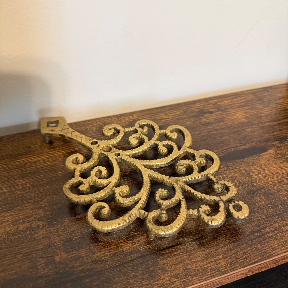 Vintage Solid Brass Trivet Ornate Scrollwork Decorative Wall Hanging Gold Tone